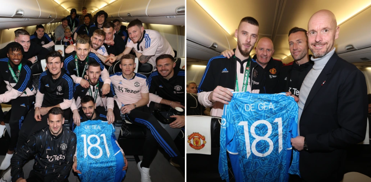 Man United in the plane to fly back to Manchester with Carabao Cup trophy